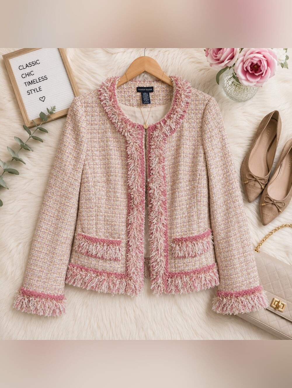 Boston Proper Pink Tweed Fringe Women's Jacket Sz 6
